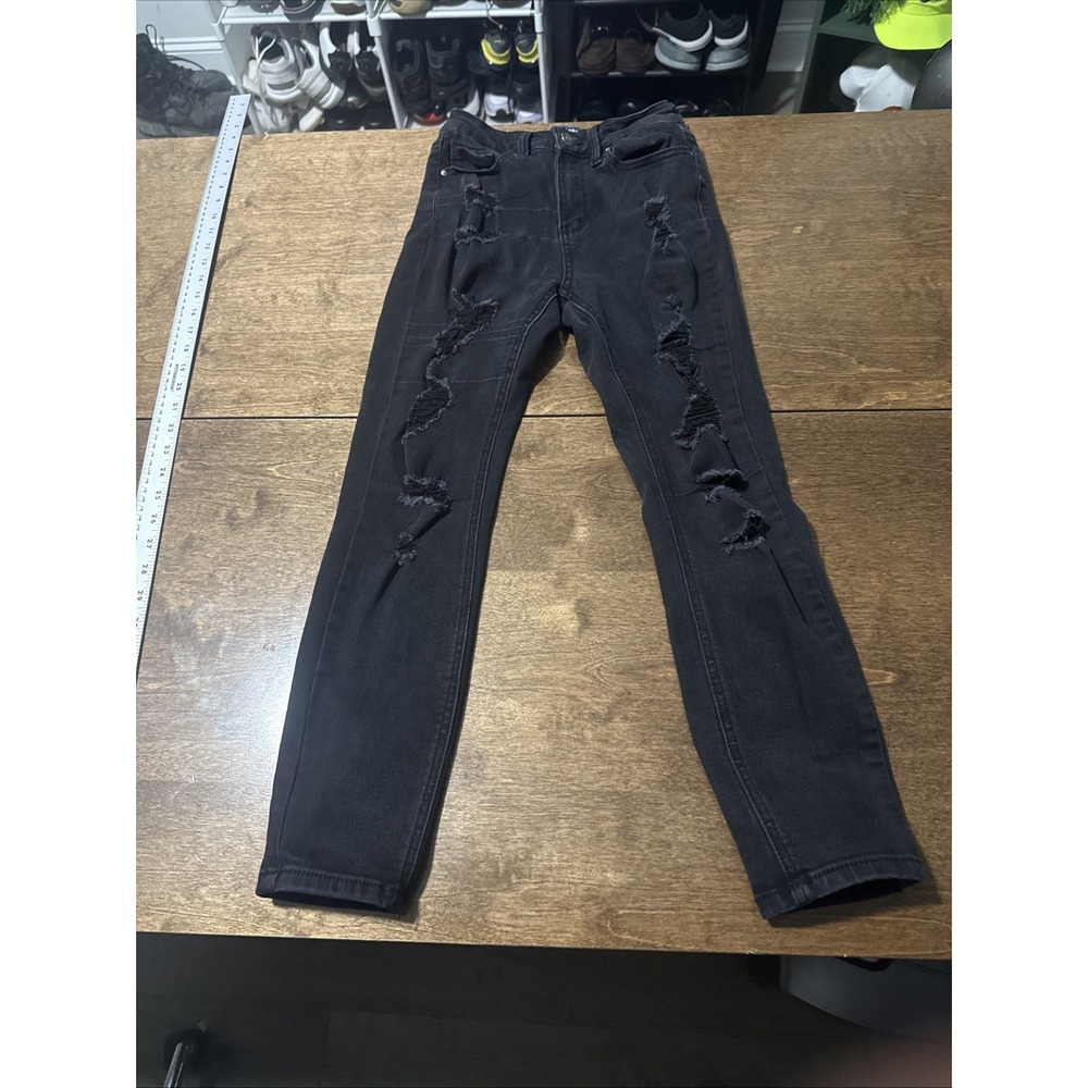 wax jeans womens size‎ 3/26 skinny stretch distressed mid rise denim black